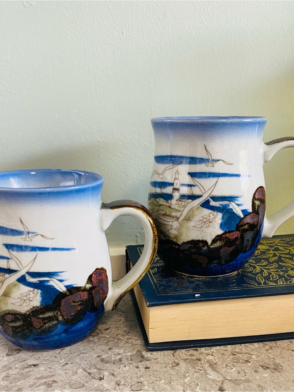 2 Otagiri Coffee Cups Coastal Seagull Ceramic Mug - Blue and White
